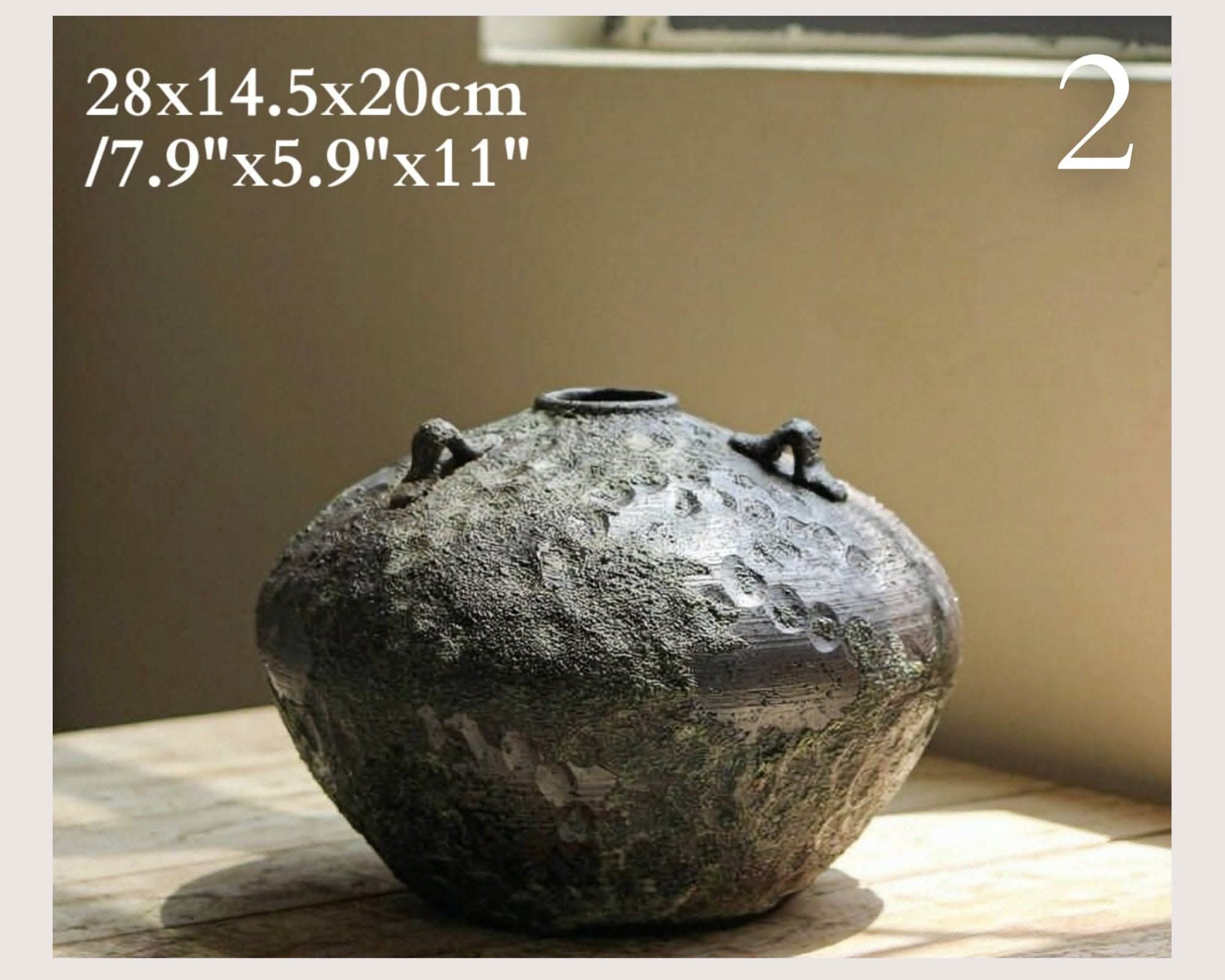 Wabi-Sabi Distressed Rustic Vase, textured grey-green ceramic with handles, home decor.